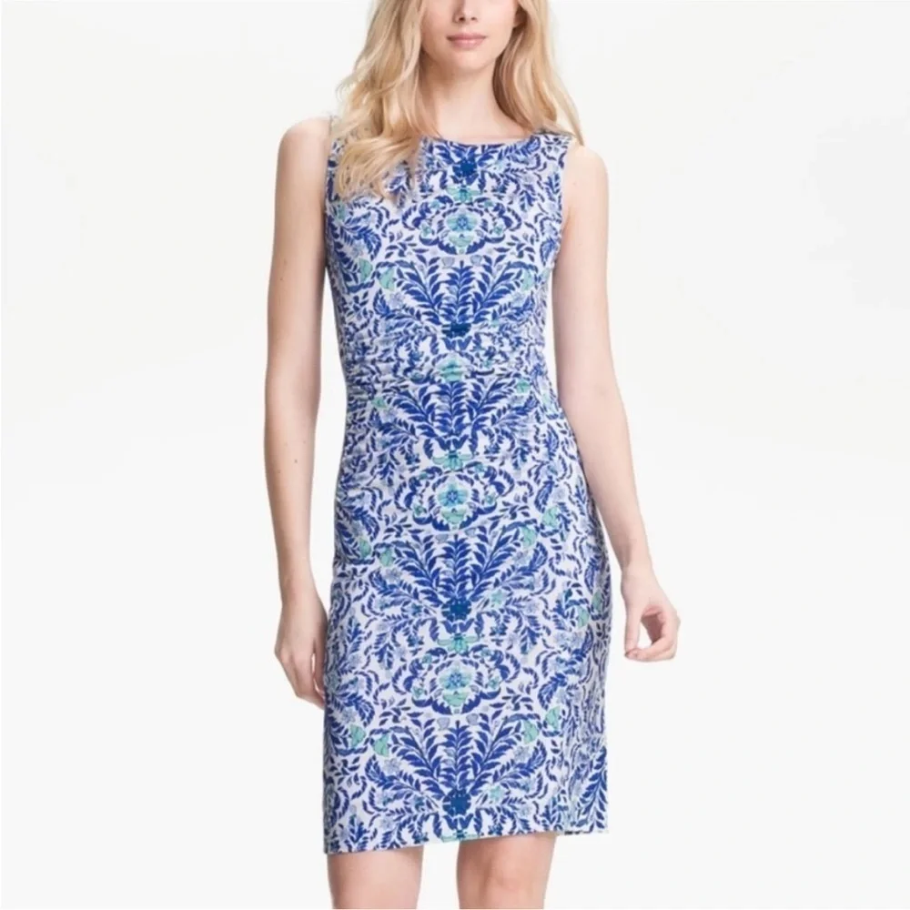 Tory Burch Dress Women Medium Ruched Floral Silk Blue White Sleeveless B28